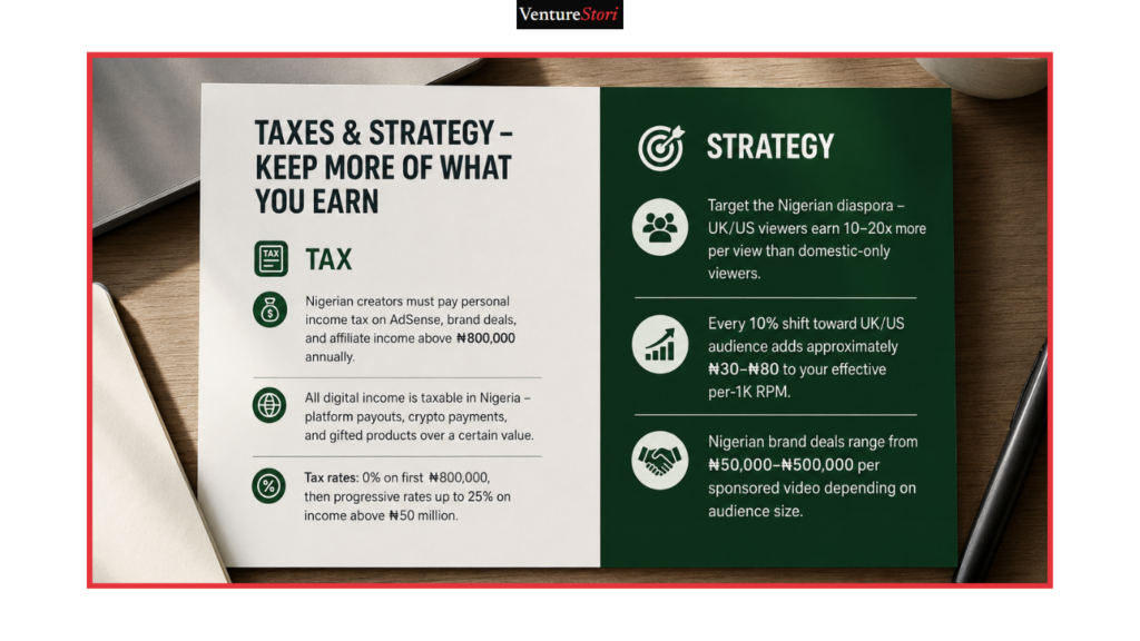 Informational summary card breaking down Nigerian personal income tax rules and diaspora audience targeting.